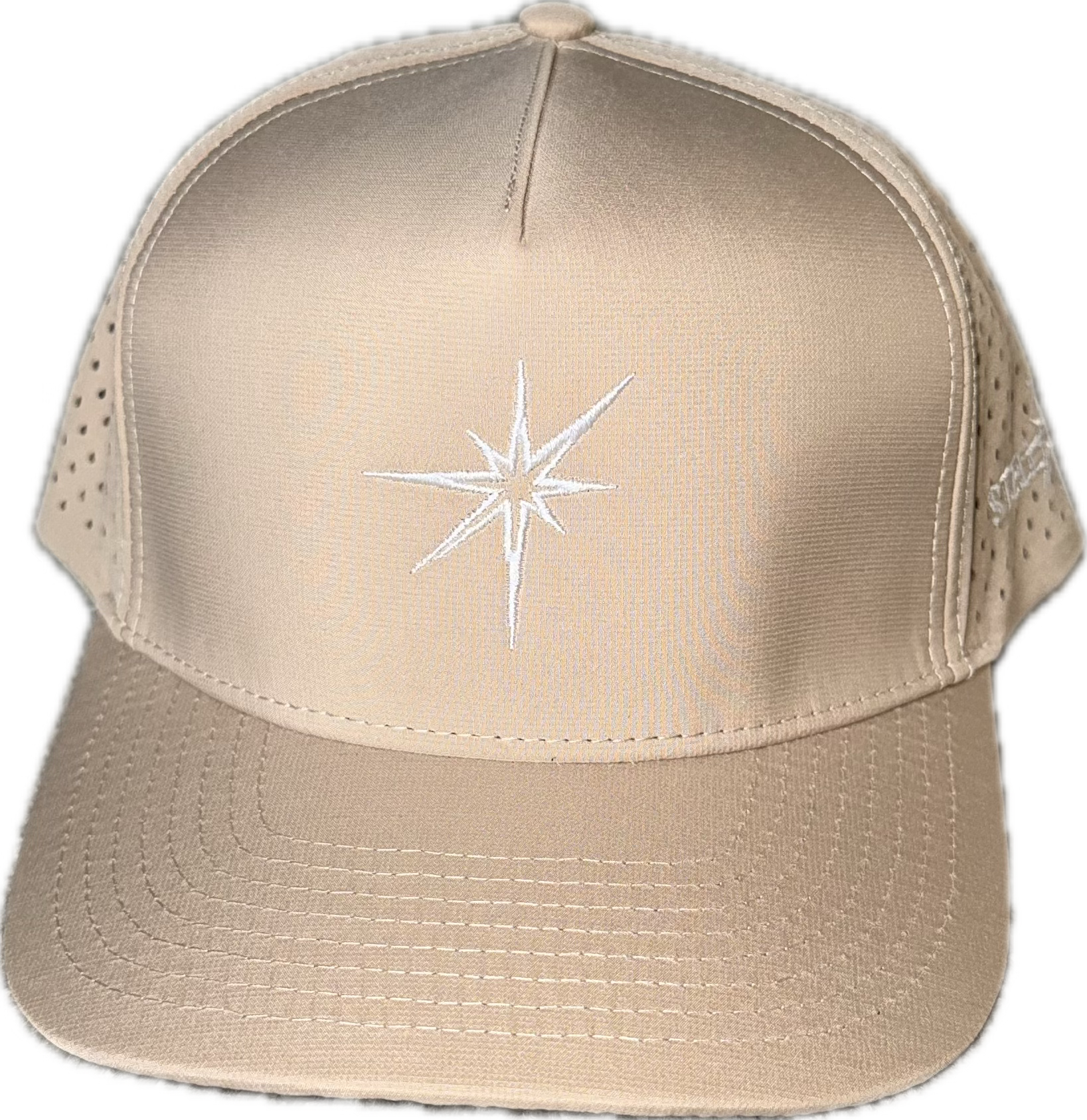 5 panel hat with snapback adjustability that is moisture wicking. Tan color, front view.