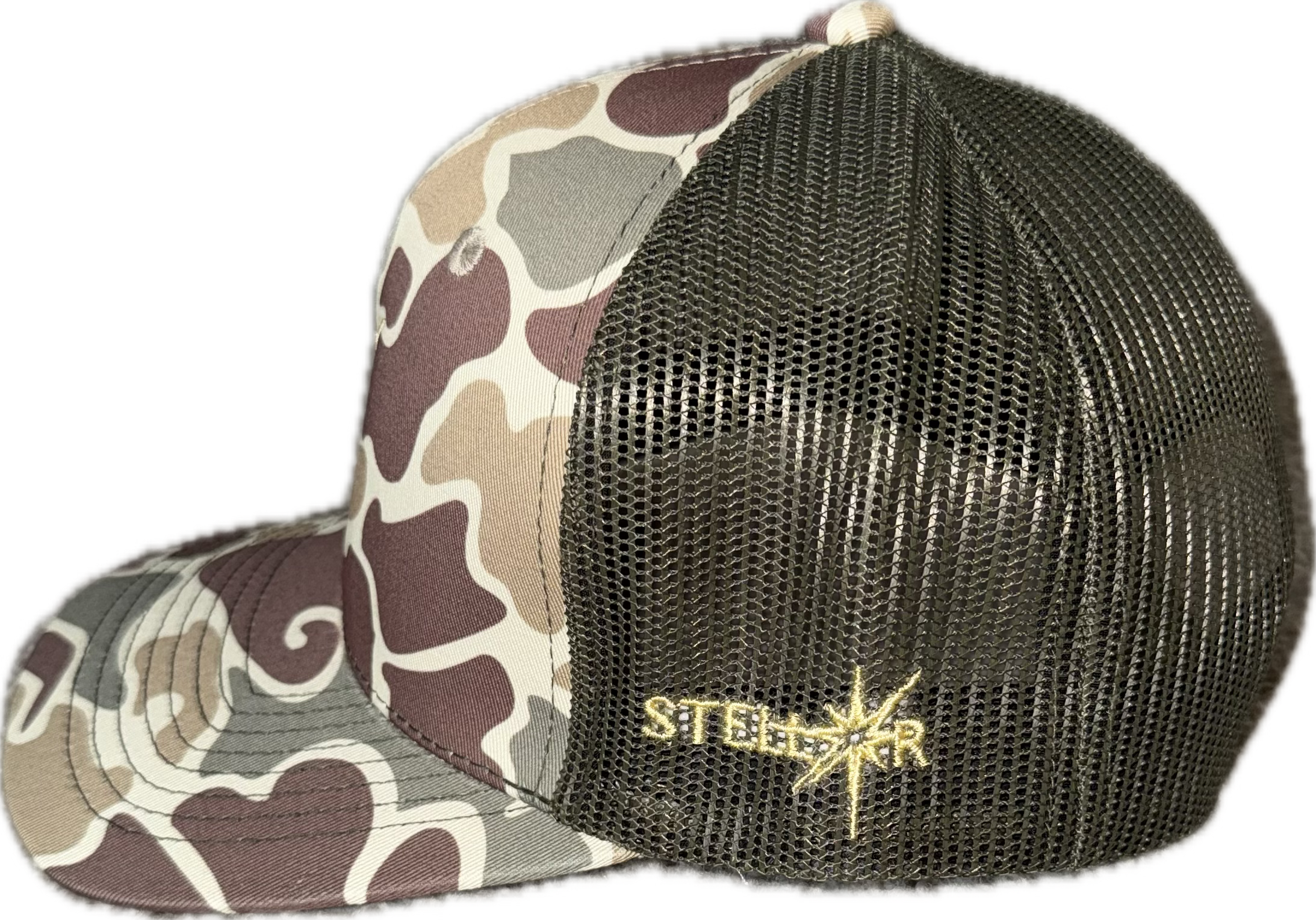 Camo 6 panel trucker hat.