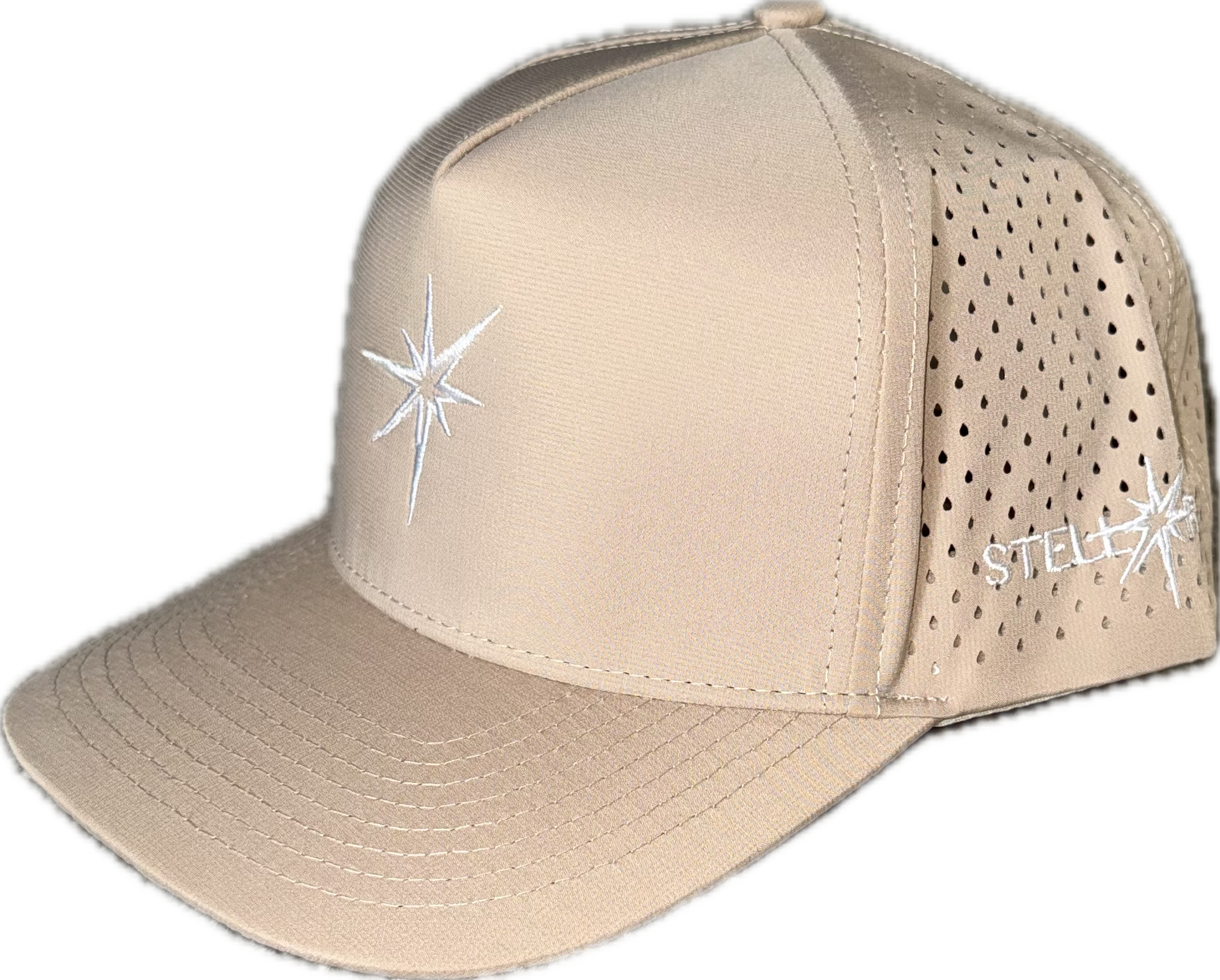5 panel hat with snapback adjustability that is moisture wicking. Tan color, angled view.