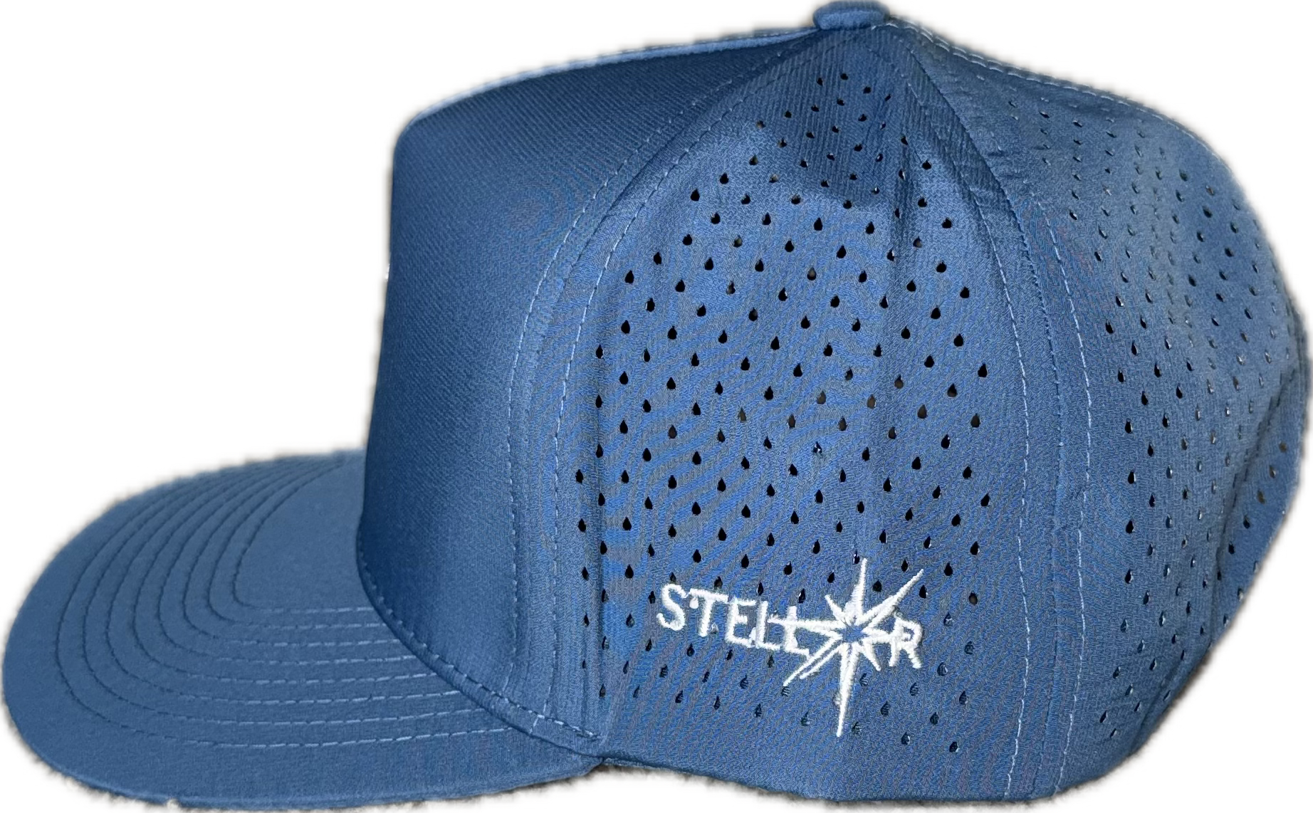 5 panel hat with snapback adjustability that is moisture wicking. Sky blue color, side view.