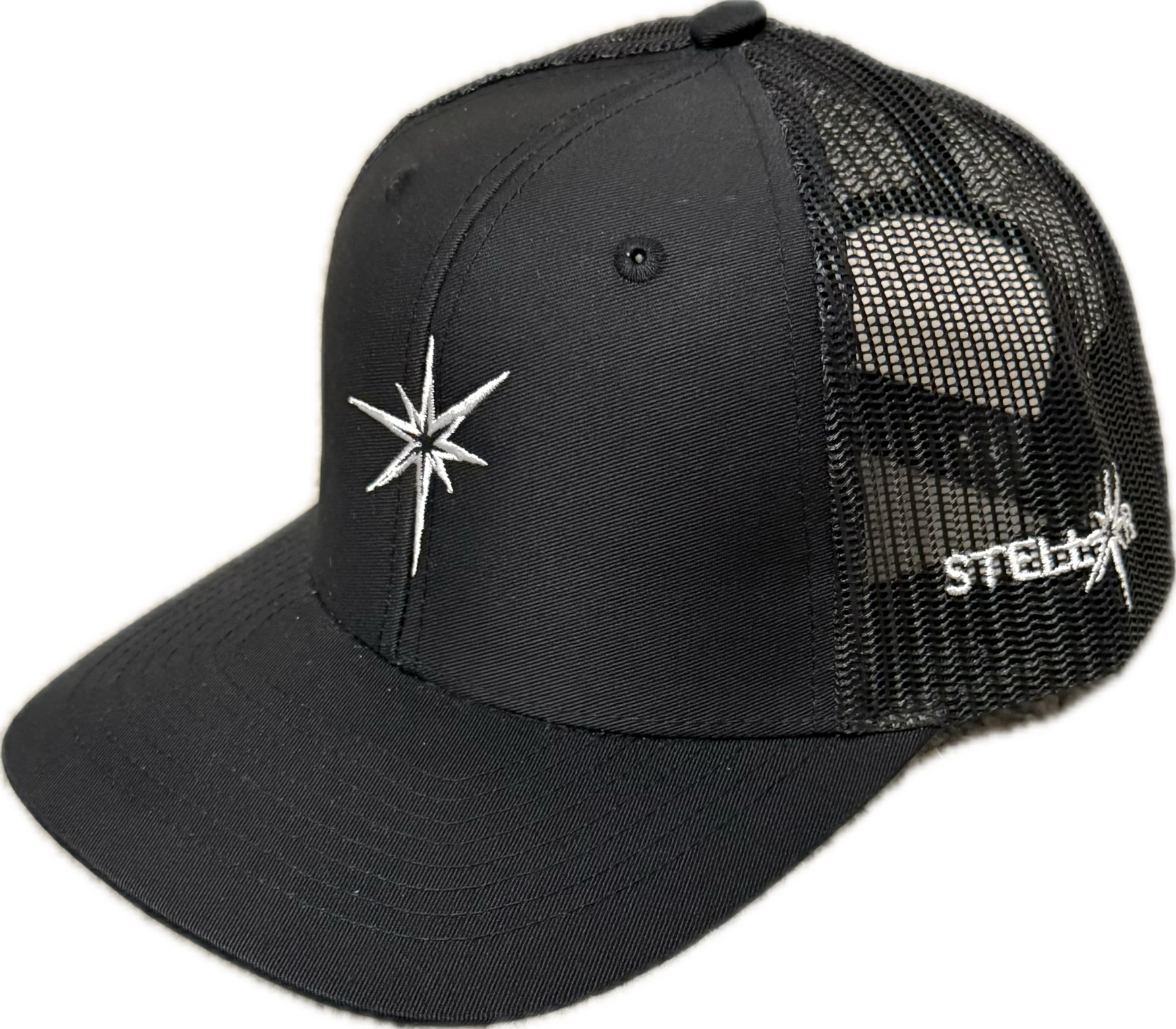 Black 6 panel trucker hat.