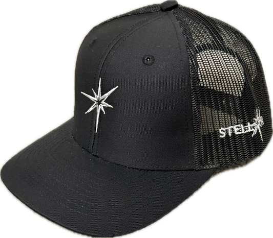 Black 6 panel trucker hat.