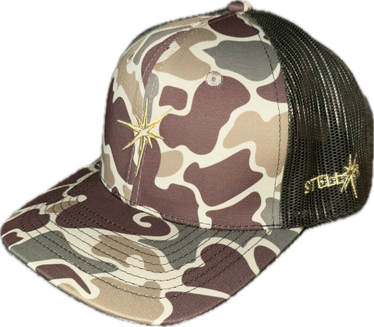 Camo 6 panel trucker hat.