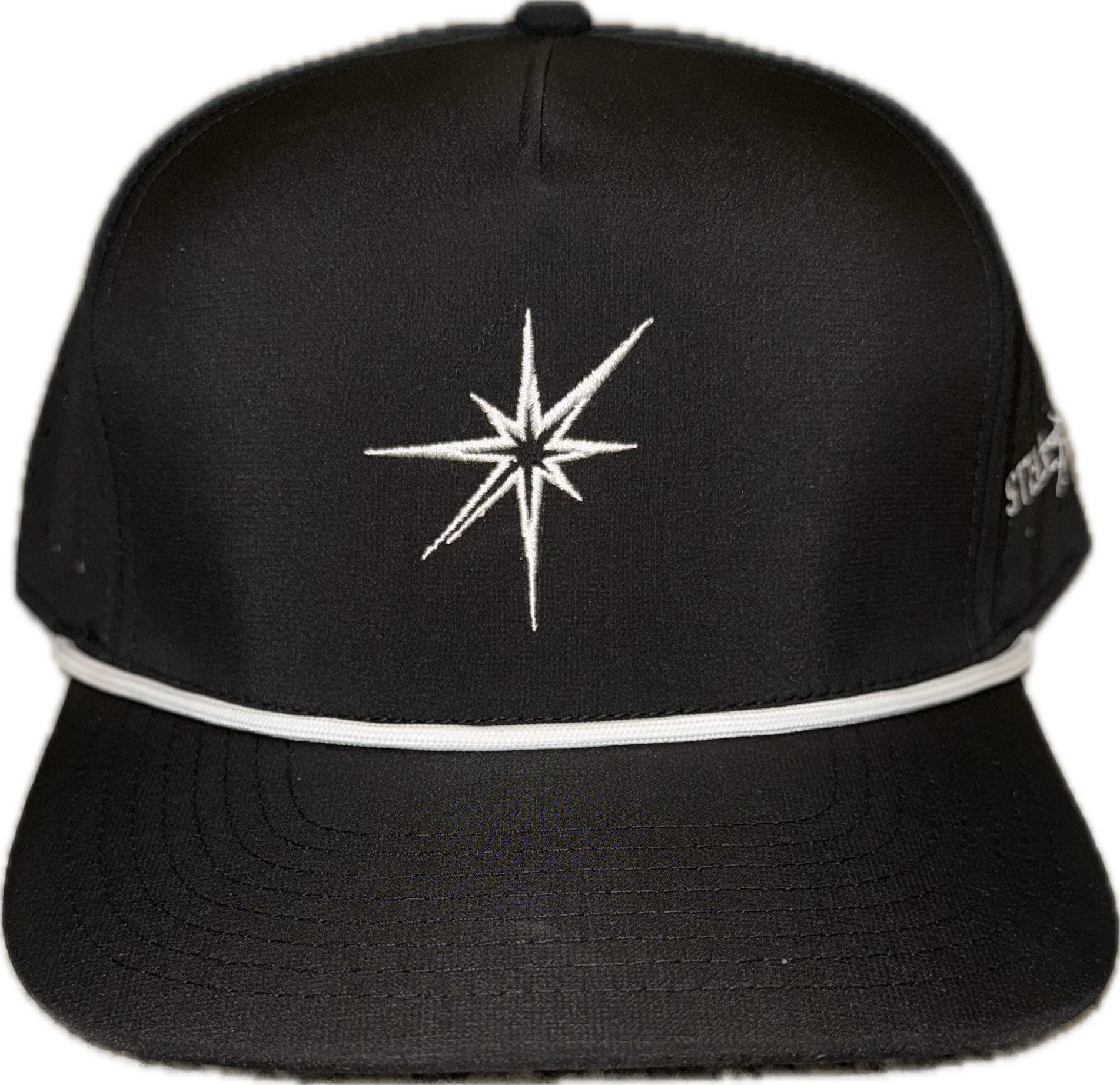 Black 5 panel rope hat.