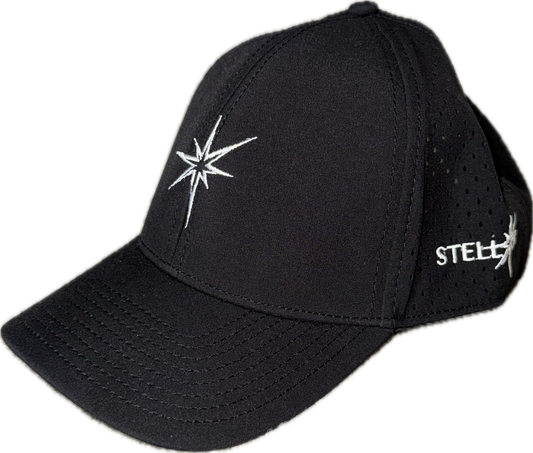 Black 6 panel athletic hat.