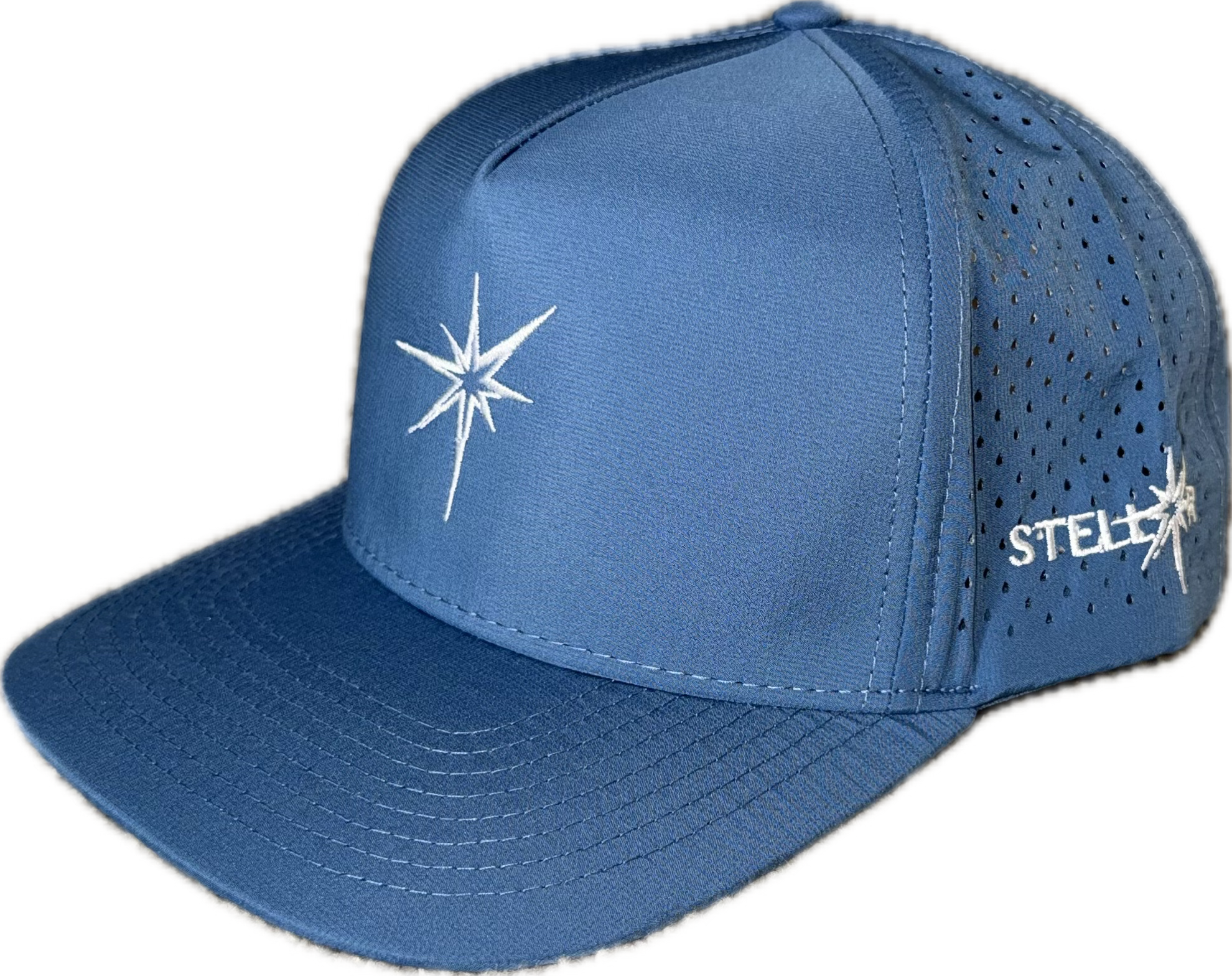 5 panel hat with snapback adjustability that is moisture wicking. Sky blue color, angled view.