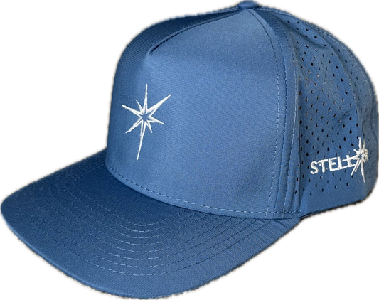 5 panel hat with snapback adjustability that is moisture wicking. Sky blue color, angled view.