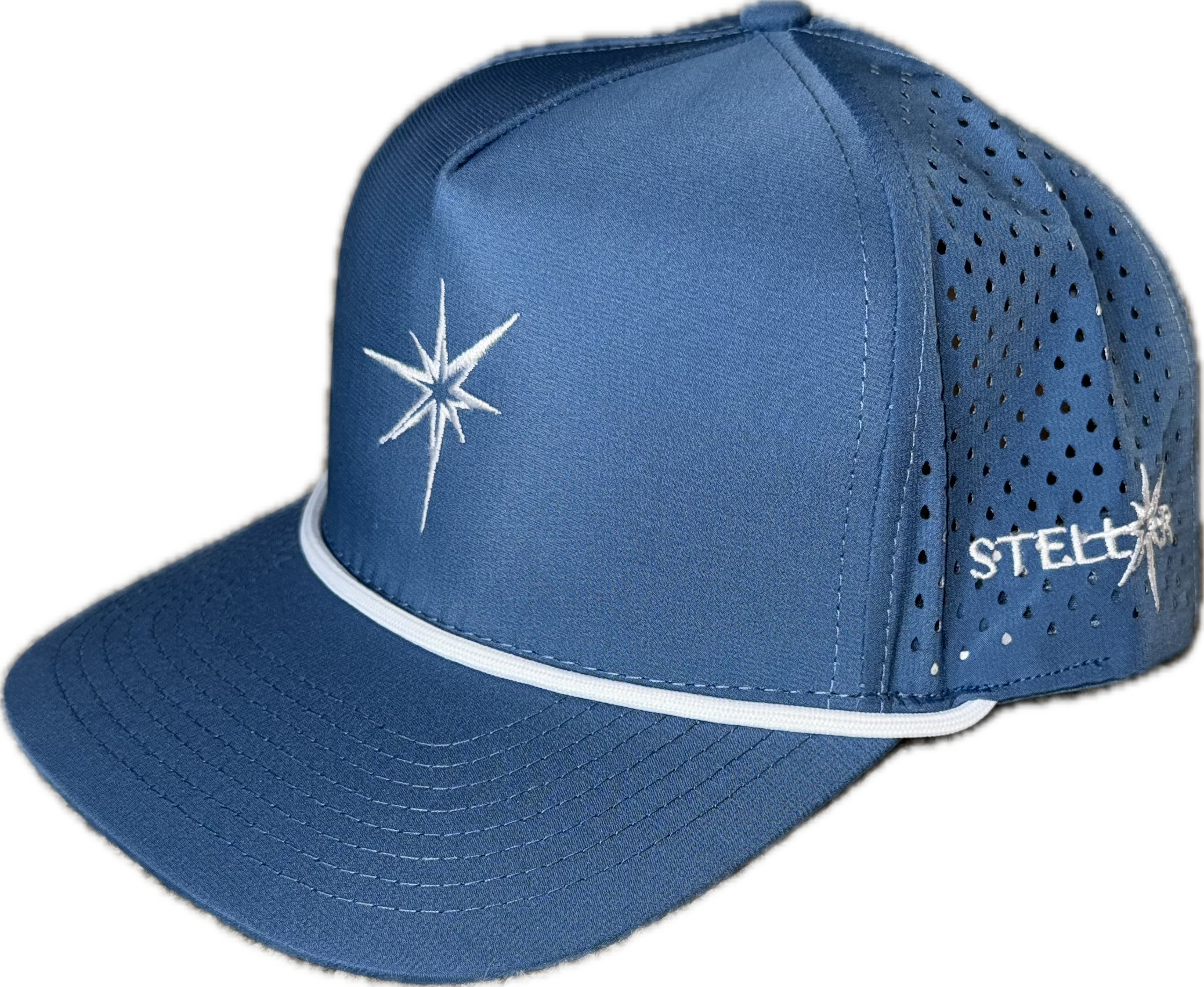 Sky blue 5 panel rope hat.