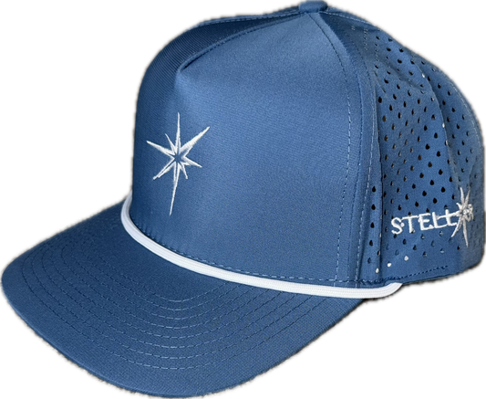 Sky blue 5 panel rope hat.