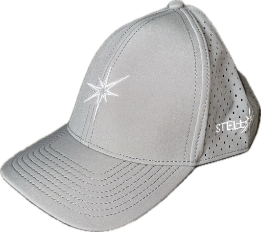 Grey 6 panel athletic hat.