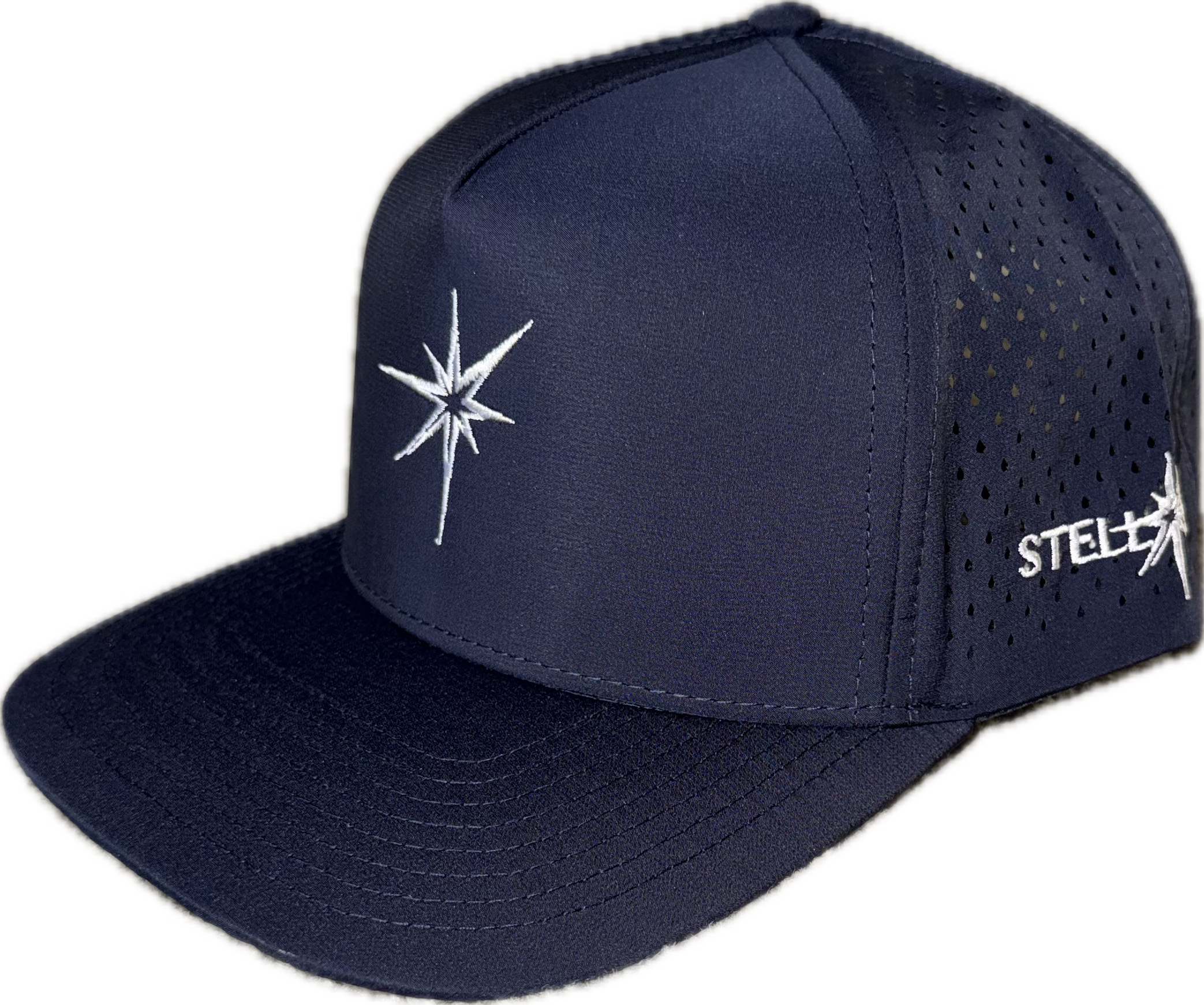 5 panel hat with snapback adjustability that is moisture wicking.