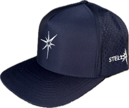 5 panel hat with snapback adjustability that is moisture wicking.