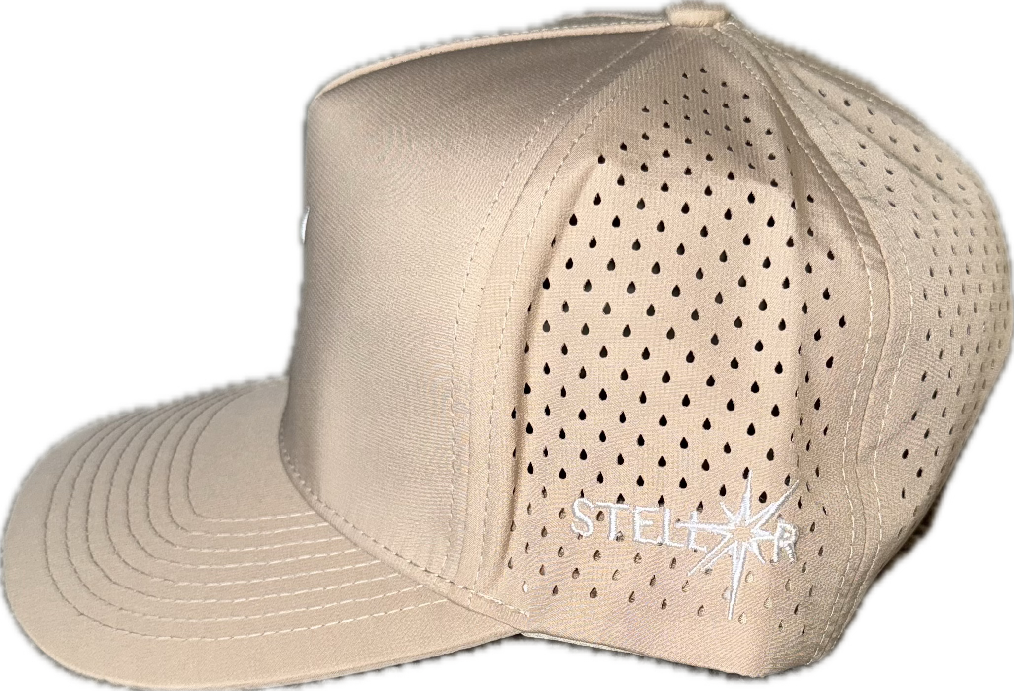 5 panel hat with snapback adjustability that is moisture wicking. Tan color, side view.
