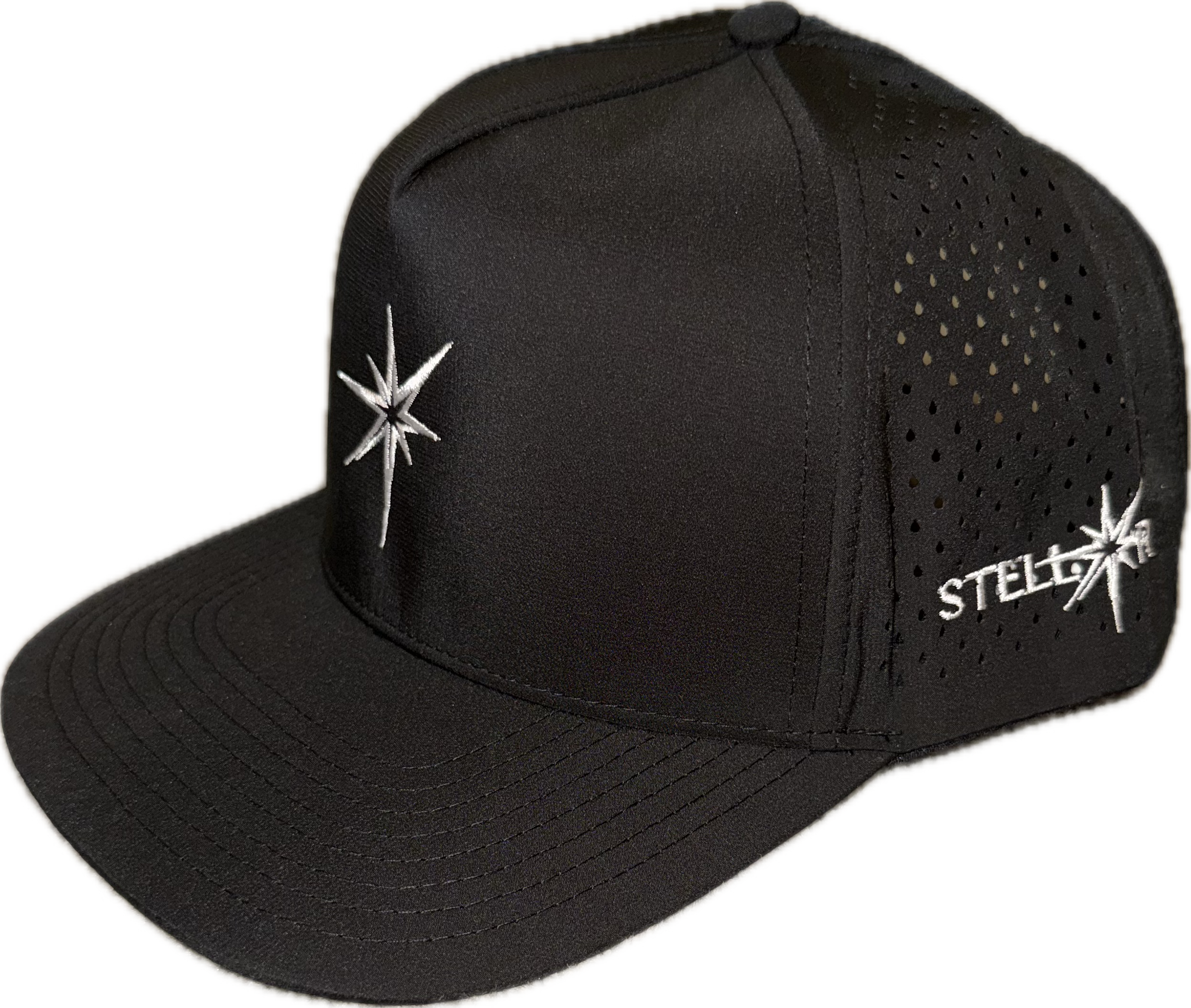5 panel hat with snapback adjustability that is moisture wicking.