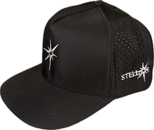 5 panel hat with snapback adjustability that is moisture wicking.