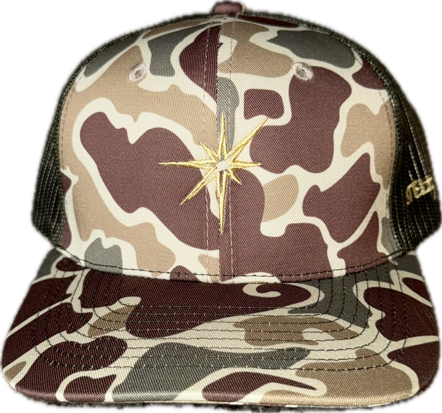 Camo 6 panel trucker hat.
