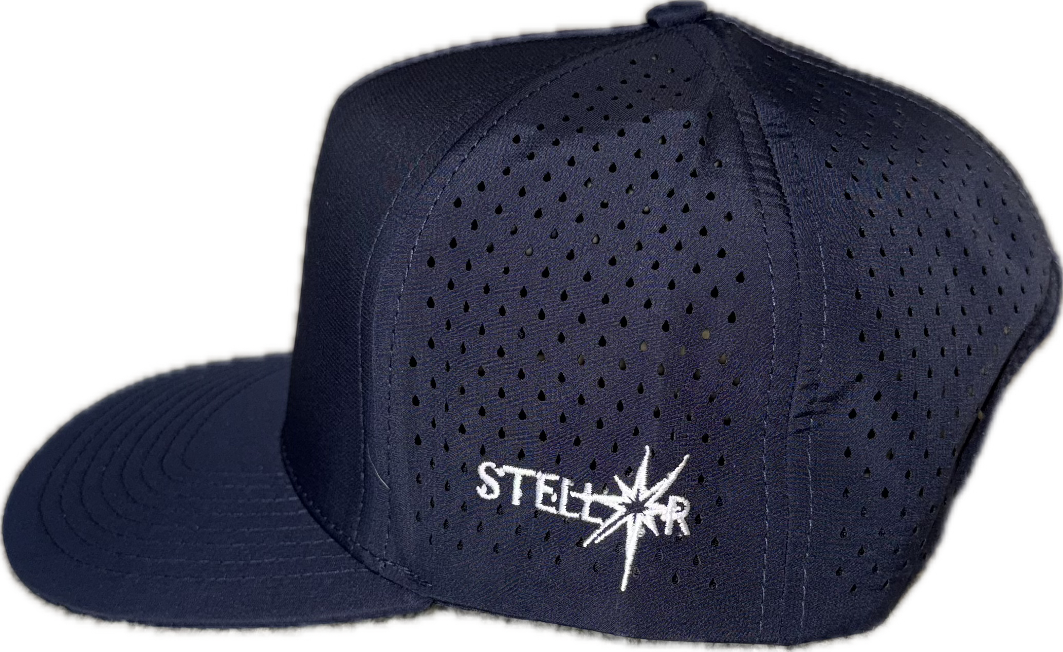 5 panel hat with snapback adjustability that is moisture wicking.