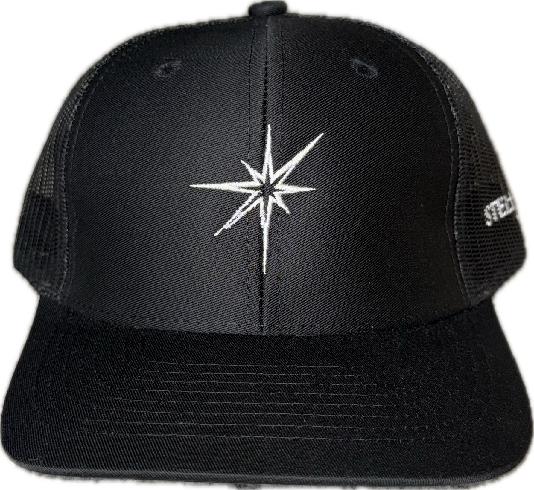 Black 6 panel trucker hat.