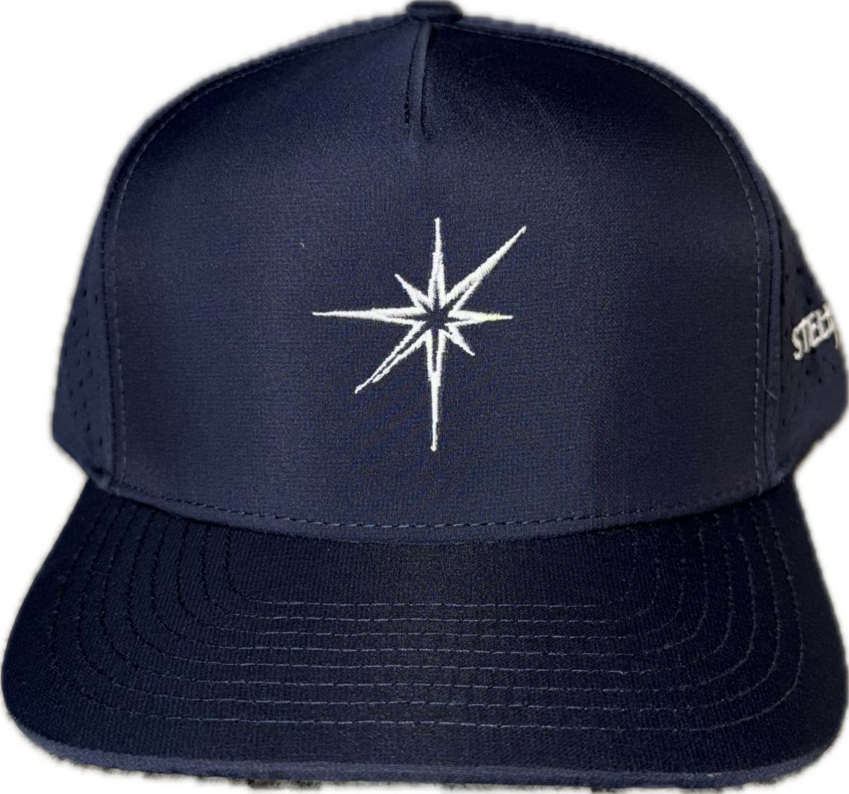 5 panel hat with snapback adjustability that is moisture wicking.
