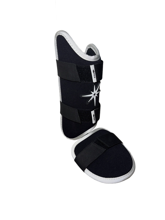 Stellar Leg Guard featuring a protective shell, adjustable straps, and ergonomic design for hitters.