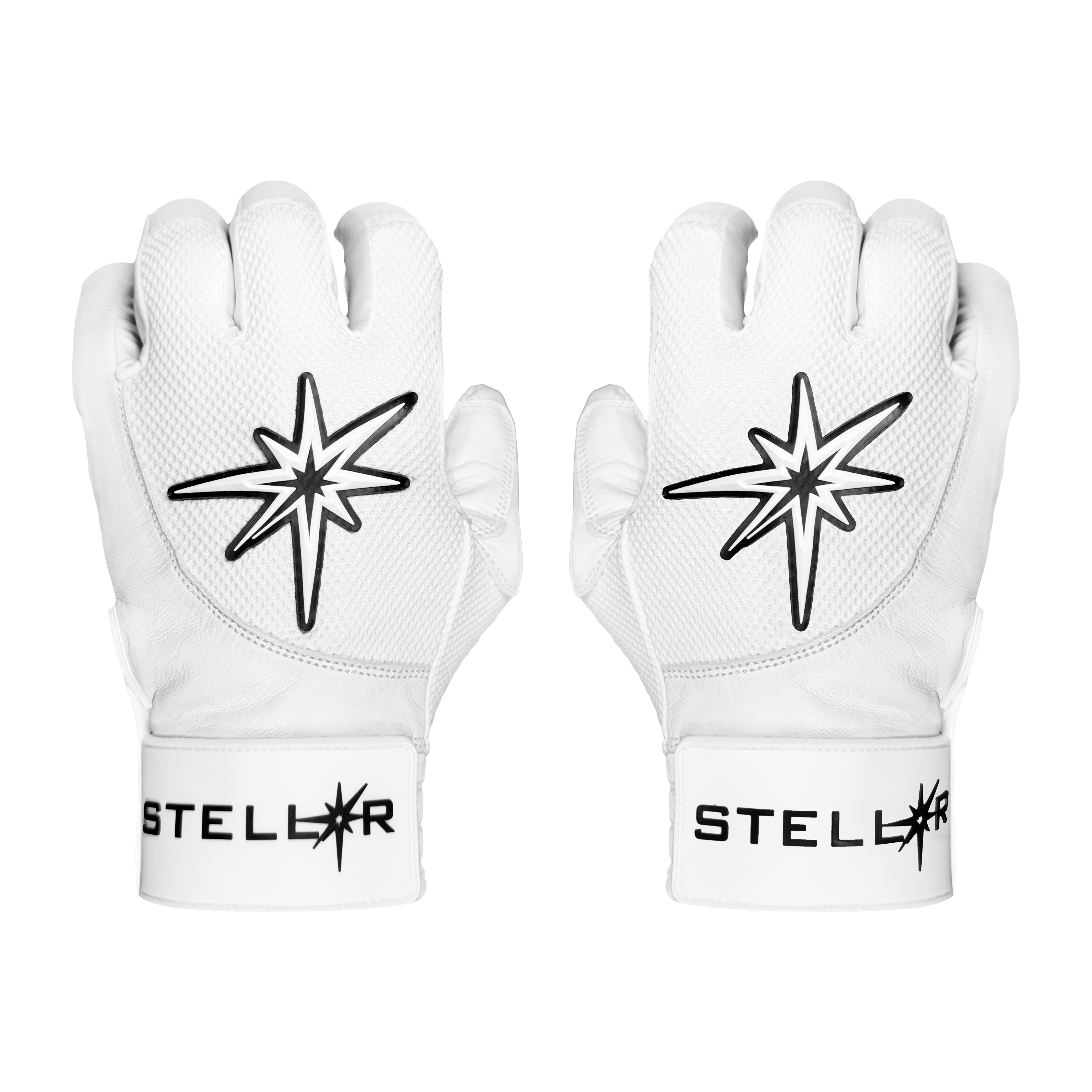 Pair of white gloves with black star designs and 'Stellar' branding on a white background