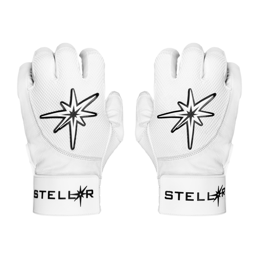 Pair of white gloves with black star designs and 'Stellar' branding on a white background