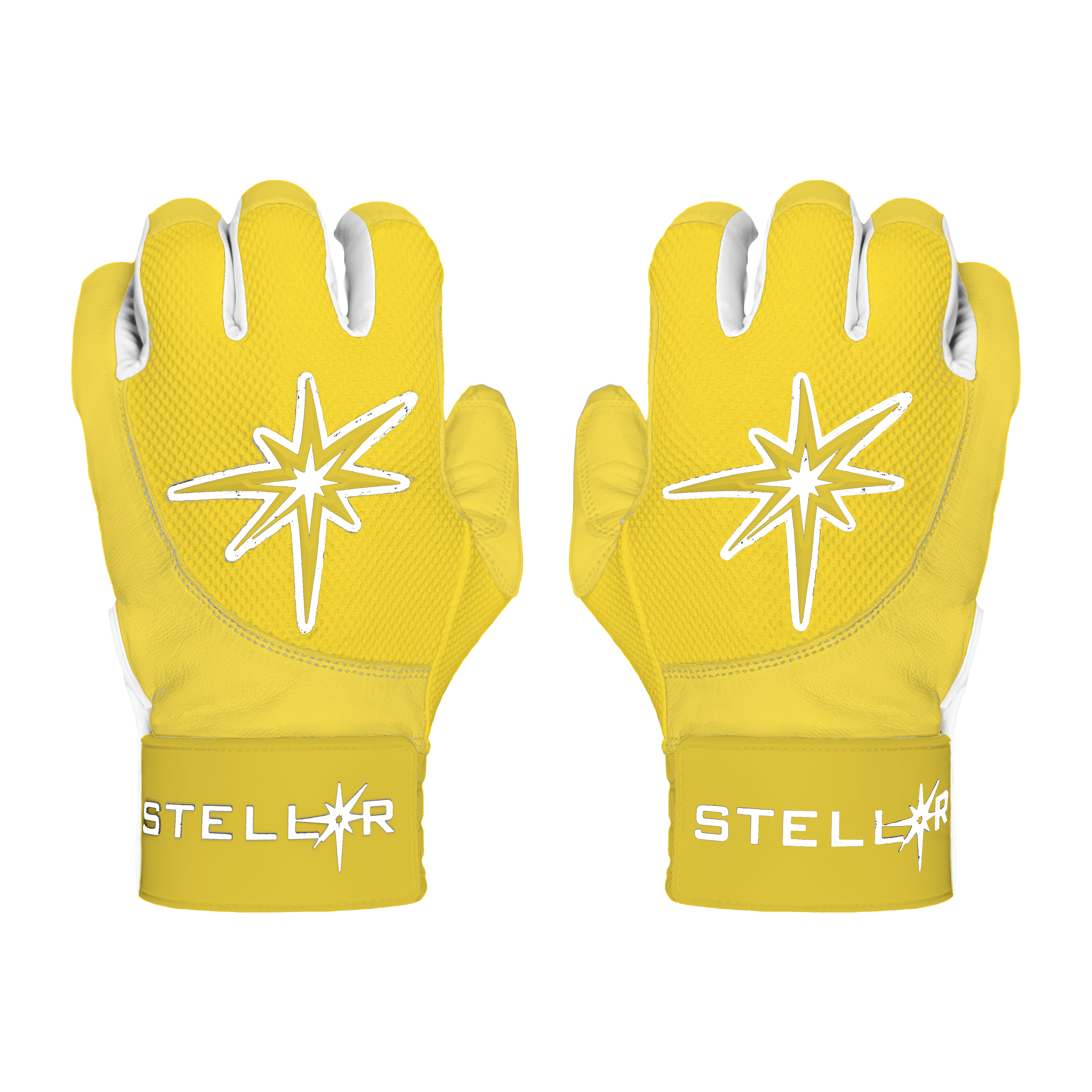Yellow gloves with white star design and 'Stellar' branding on a white background