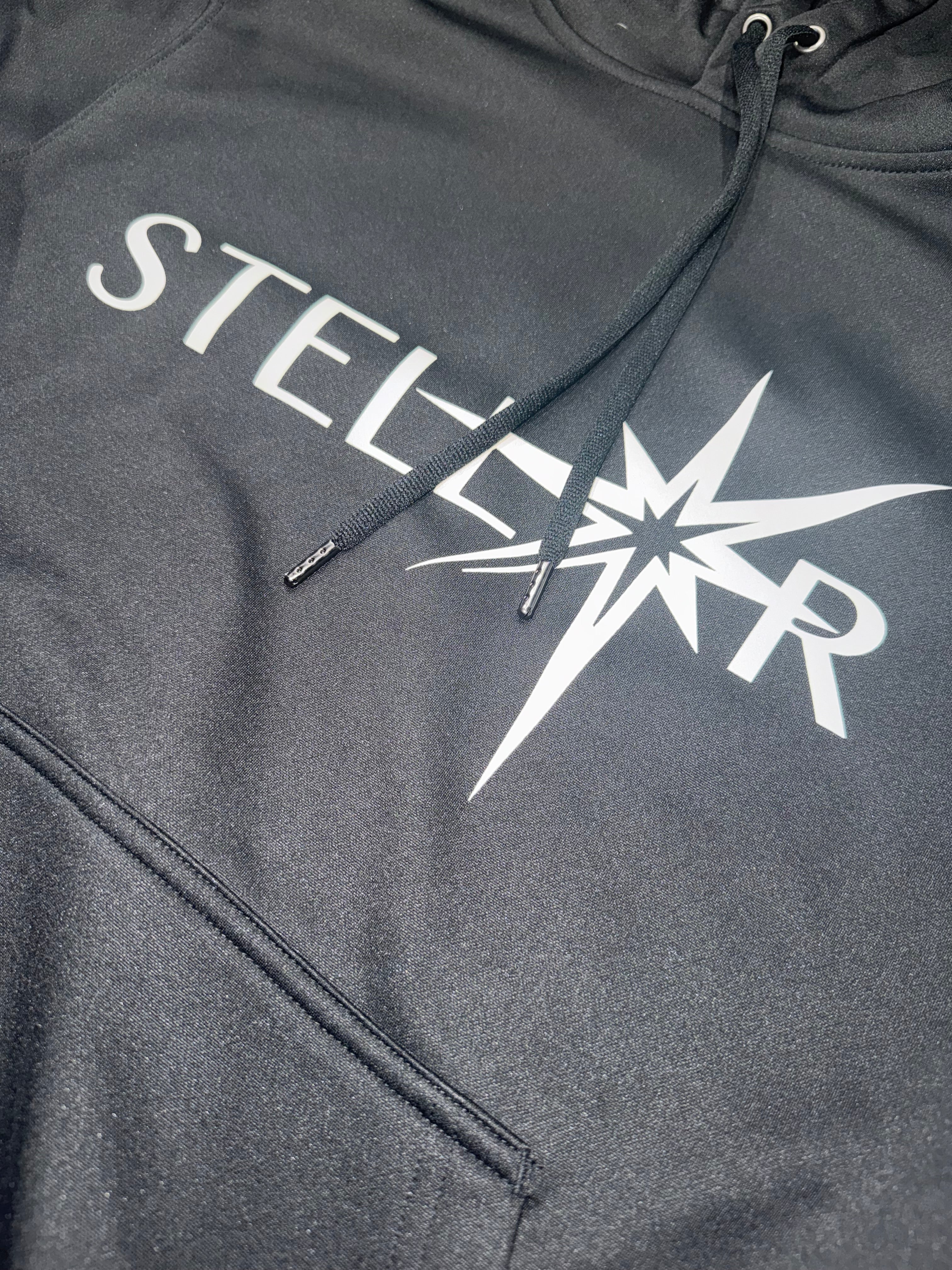 Black hoodie with 'STELLAR' print on the front, stylish and comfortable addition to any wardrobe. Hoodies.