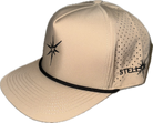 Tan 5 panel rope hat.