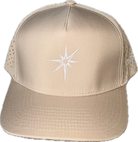 5 panel hat with snapback adjustability that is moisture wicking. Tan color, front view.