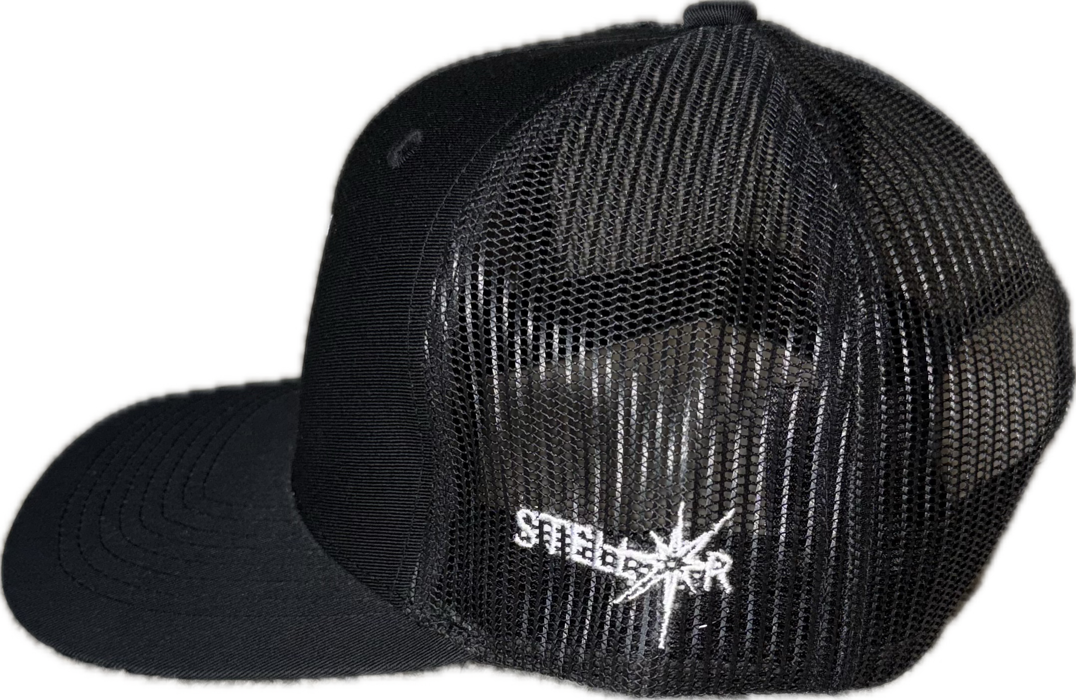 Black 6 panel trucker hat.
