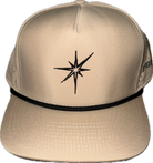 Tan 5 panel rope hat.