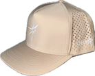 5 panel hat with snapback adjustability that is moisture wicking. Tan color, angled view.