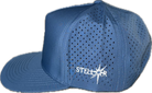 5 panel hat with snapback adjustability that is moisture wicking. Sky blue color, side view.
