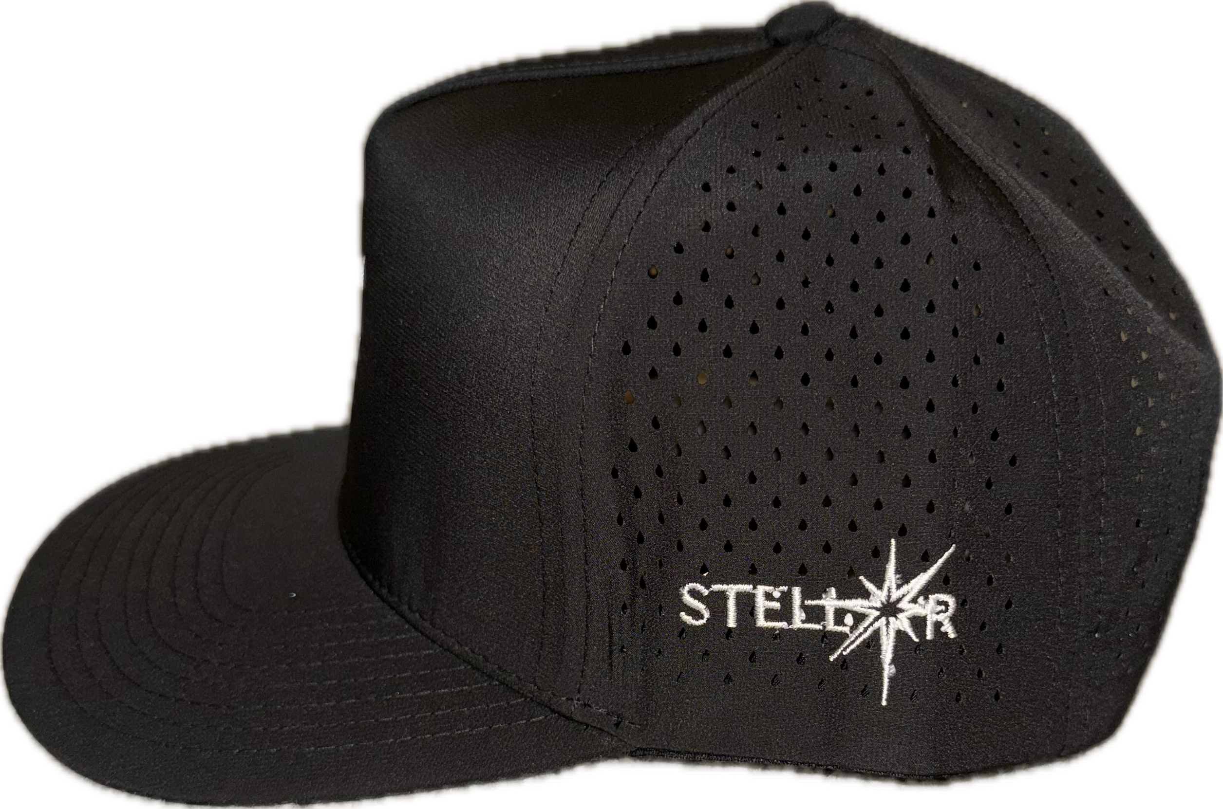5 panel hat with snapback adjustability that is moisture wicking.