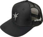Black 6 panel trucker hat.