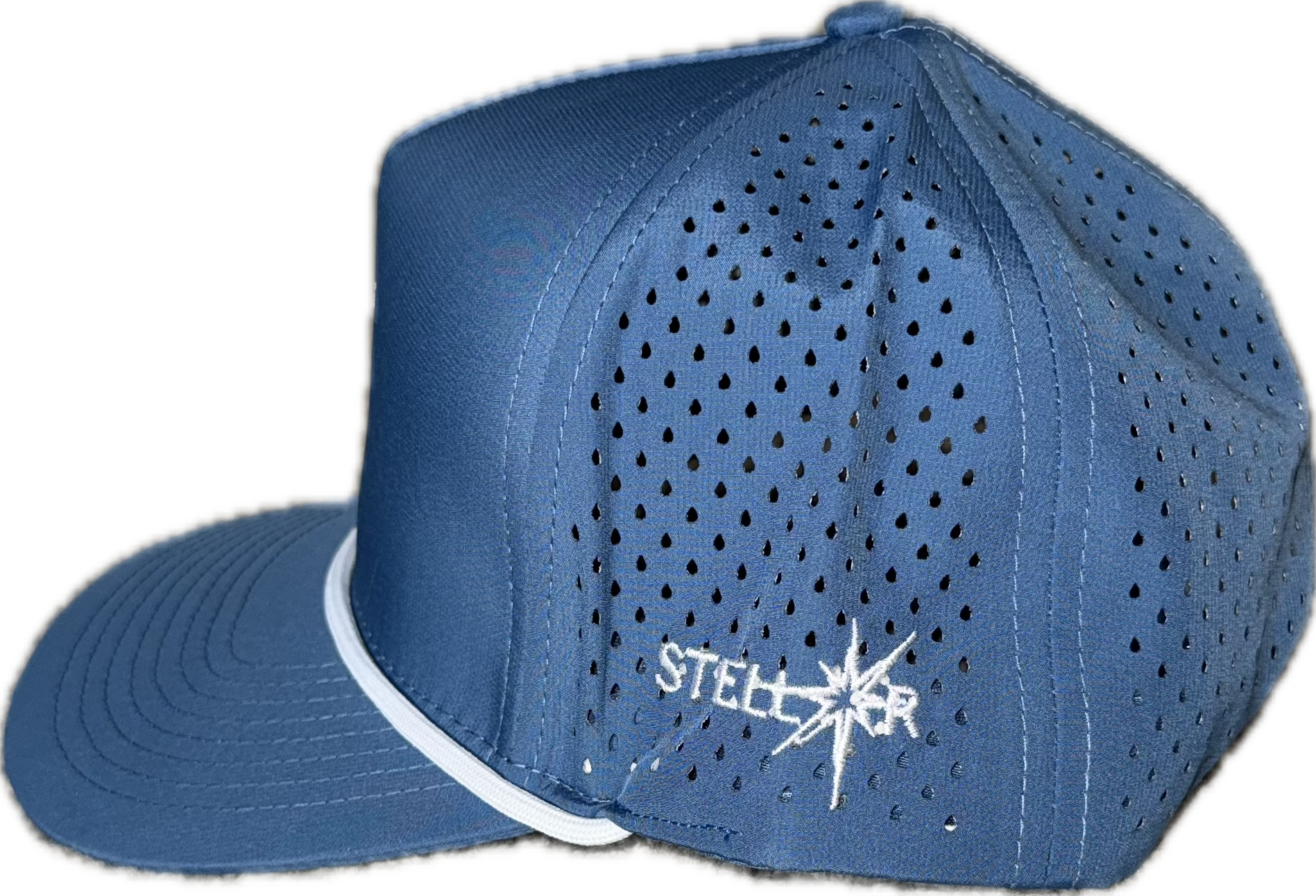 Sky blue 5 panel rope hat.
