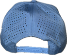 5 panel hat with snapback adjustability that is moisture wicking. Sky blue color, view of back.