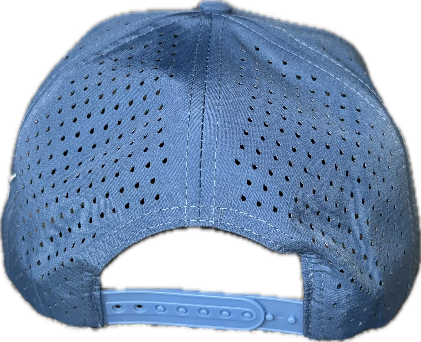 5 panel hat with snapback adjustability that is moisture wicking. Sky blue color, view of back.