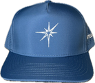 5 panel hat with snapback adjustability that is moisture wicking. Sky blue color, front view.