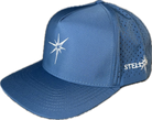5 panel hat with snapback adjustability that is moisture wicking. Sky blue color, angled view.