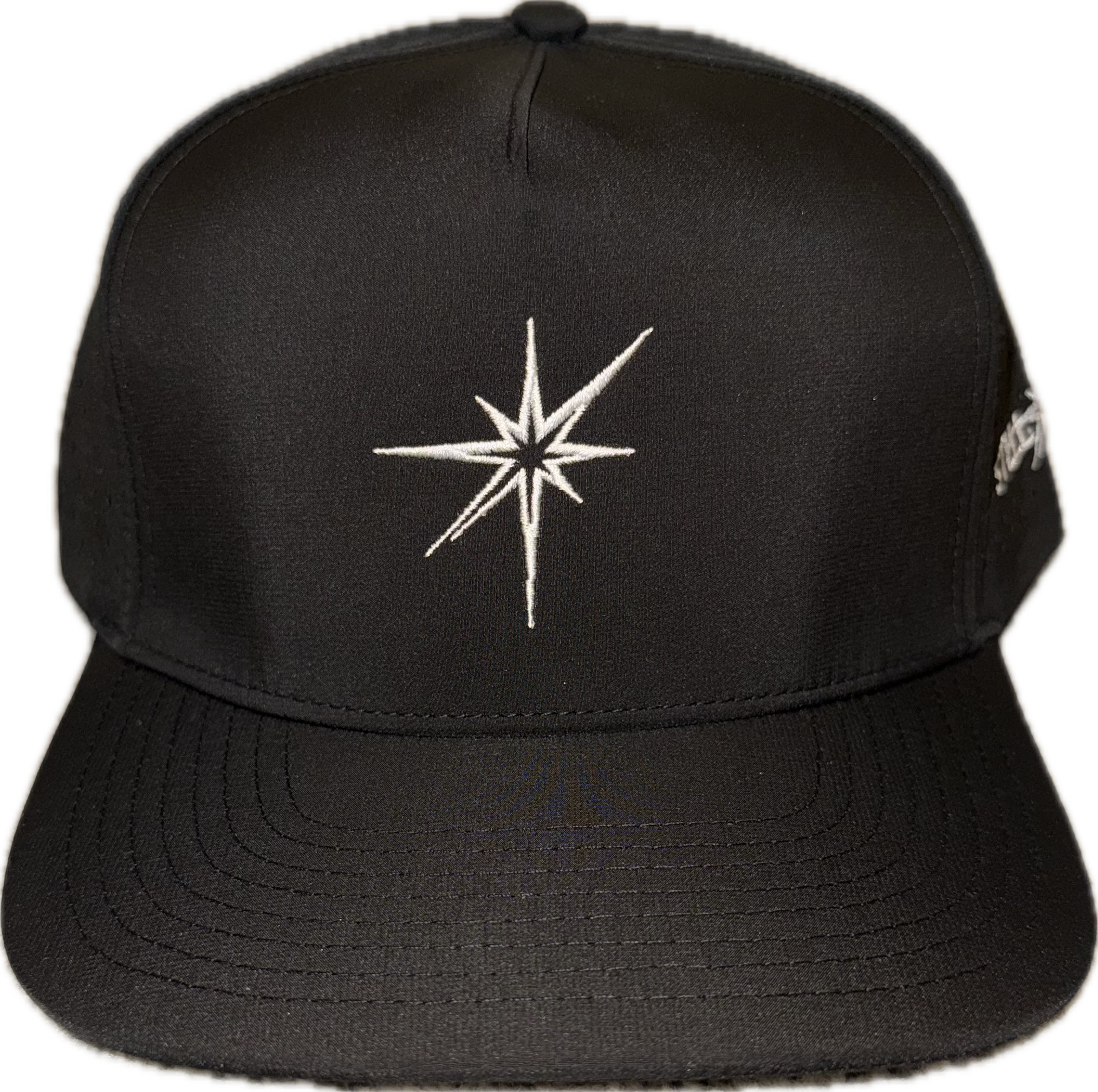 5 panel hat with snapback adjustability that is moisture wicking.