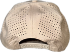 5 panel hat with snapback adjustability that is moisture wicking. Tan color, view of back.
