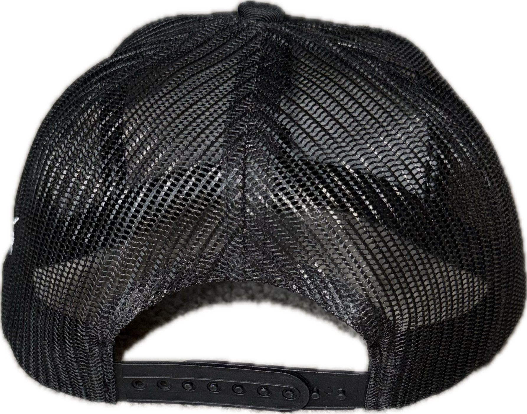 Black 6 panel trucker hat.