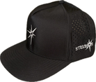 5 panel hat with snapback adjustability that is moisture wicking.