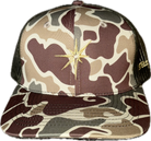 Camo 6 panel trucker hat.