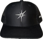 Black 6 panel trucker hat.