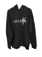 Stellar Hoodie hanging. Black color. Front of garment.