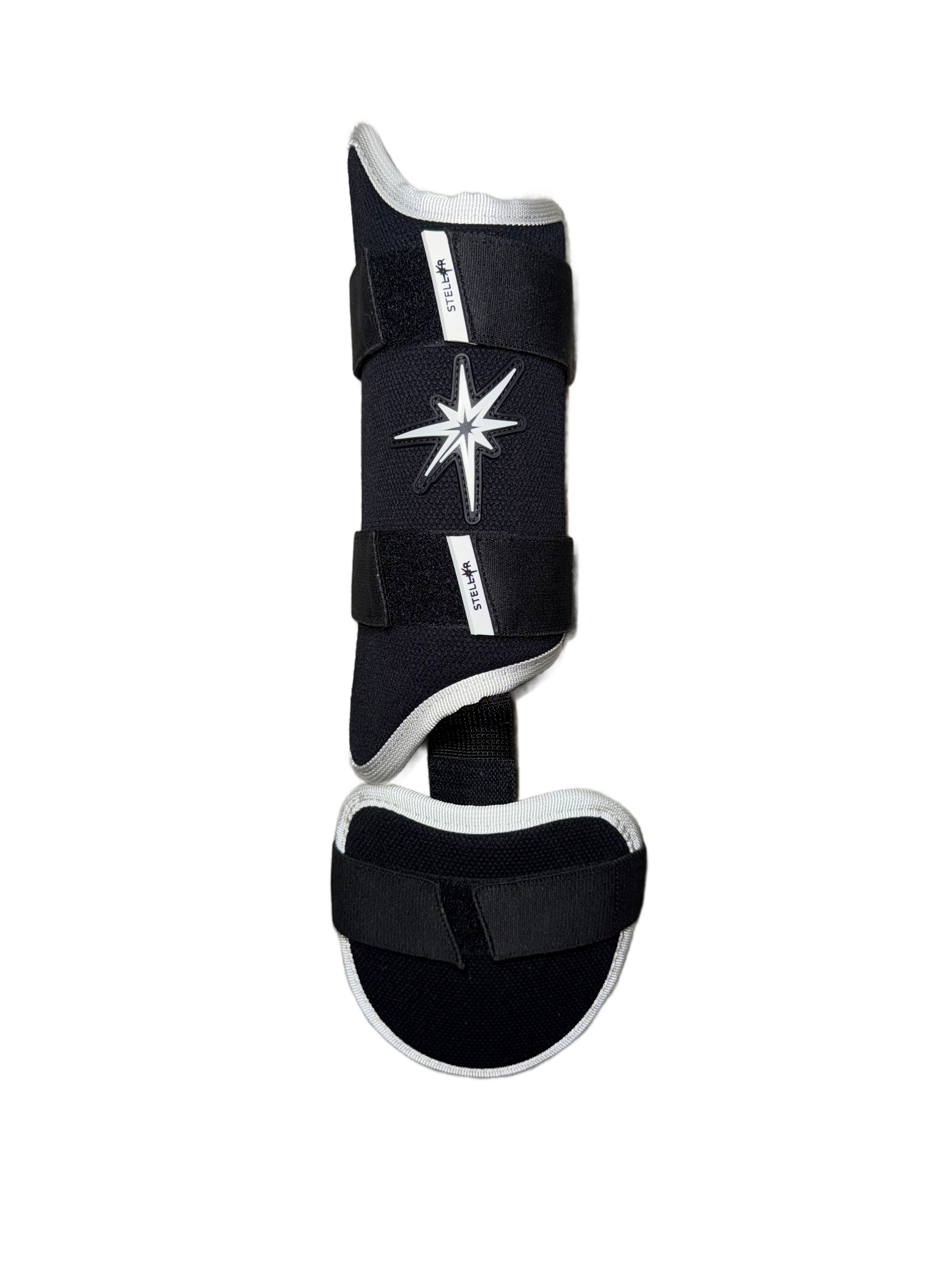Stellar Leg Guard featuring a protective shell, adjustable straps, and ergonomic design for hitters.