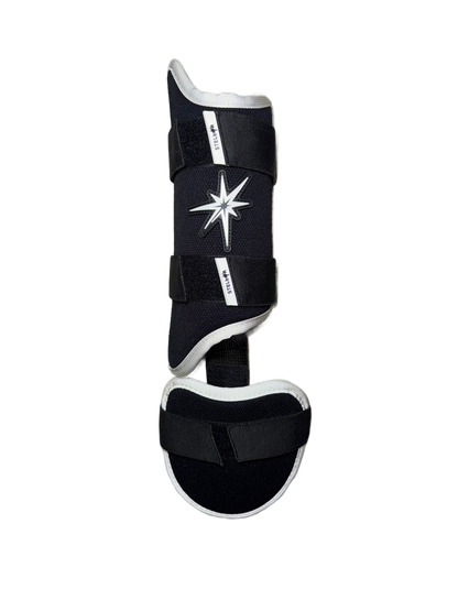 Stellar Leg Guard featuring a protective shell, adjustable straps, and ergonomic design for hitters.